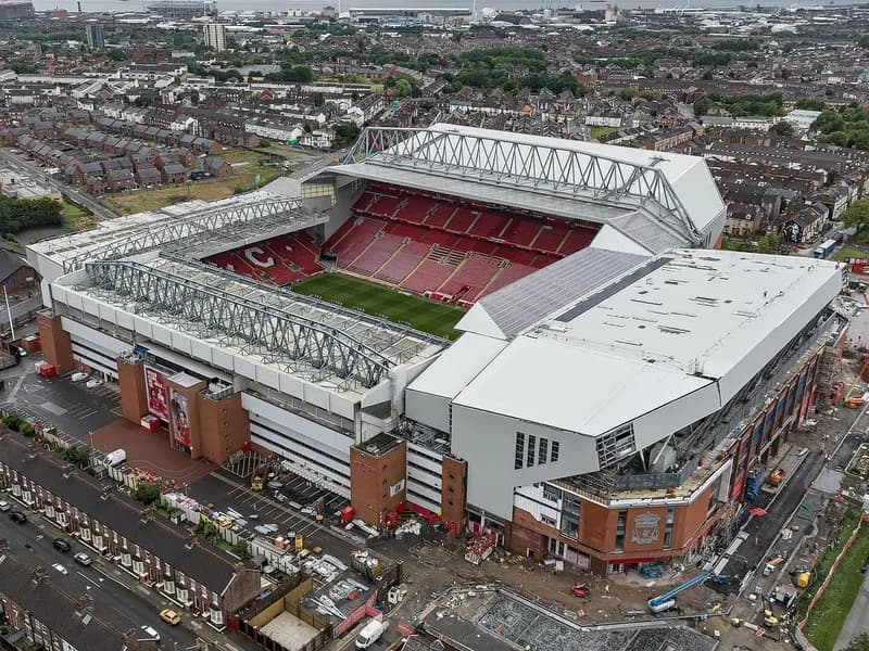 An aerial view of Anfield stadium in Liverpool with its red seating bowl and surrounding terraced streets, photographed on 31 July 2023, a file photograph of the ground and not of Wednesday's match