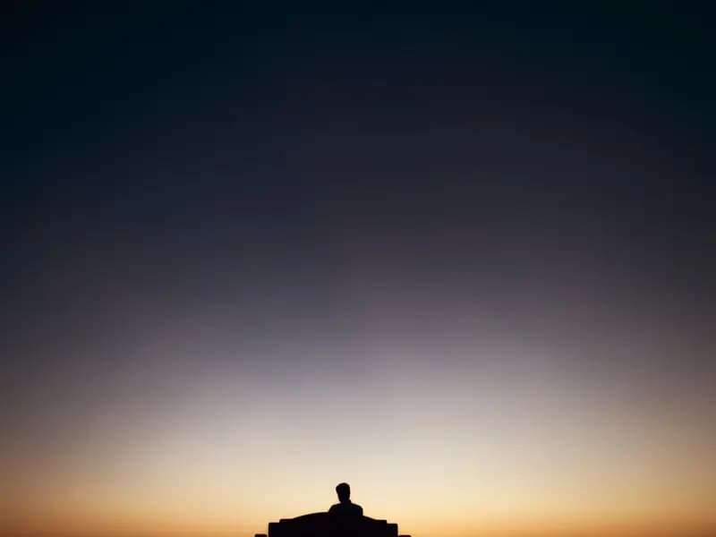 A man sitting alone on a bench in silhouette against a sunset sky, seen from behind