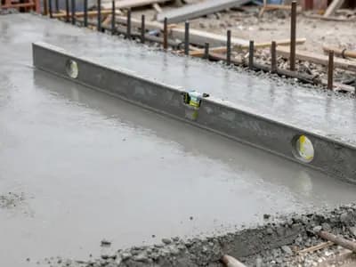 Fresh concrete being poured and worked on a construction site