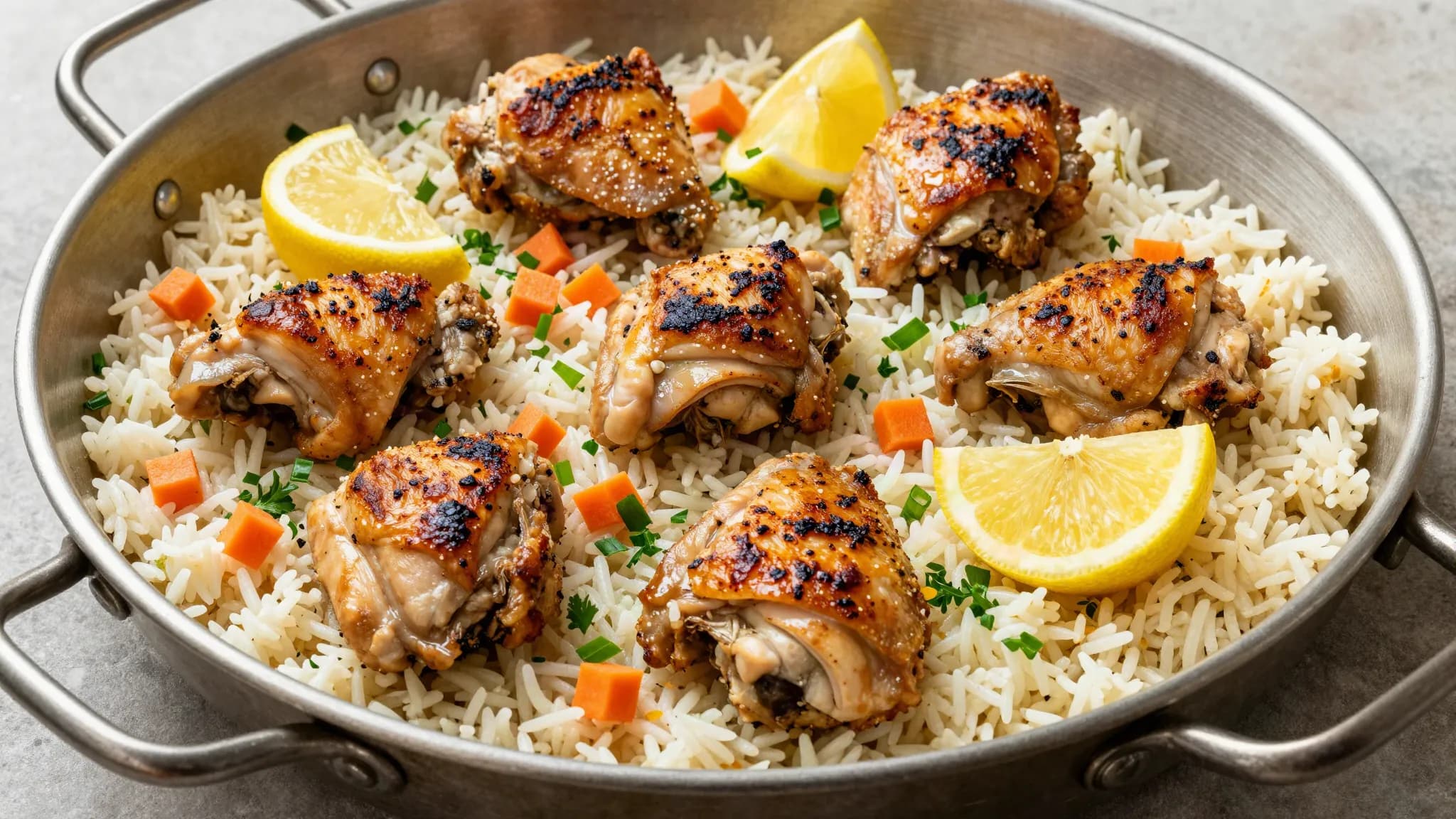 A pan of lemon chicken and rice scattered with herbs