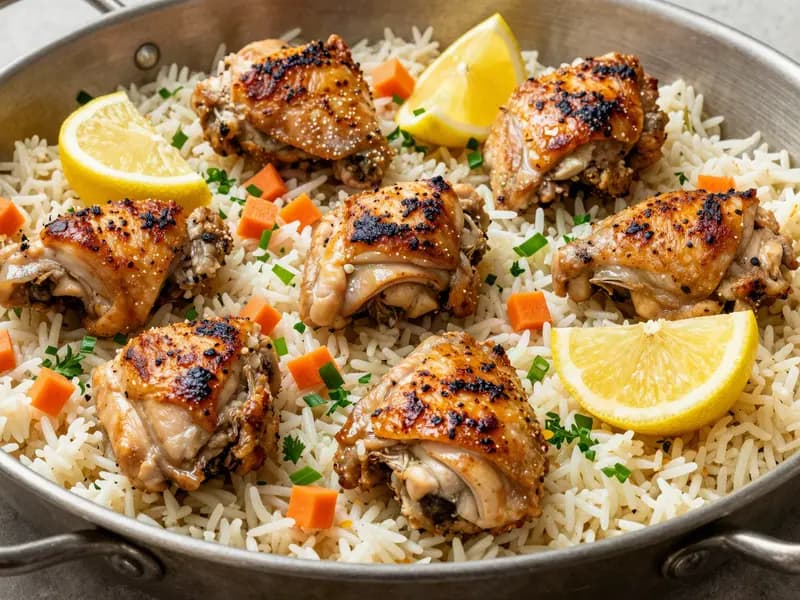 A pan of lemon chicken and rice scattered with herbs