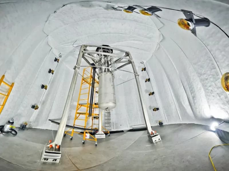 The LUX detector, LZ's predecessor, suspended inside its water tank 4,850 feet underground at the Sanford lab in South Dakota. LZ now occupies the same cavern with a far larger xenon vessel