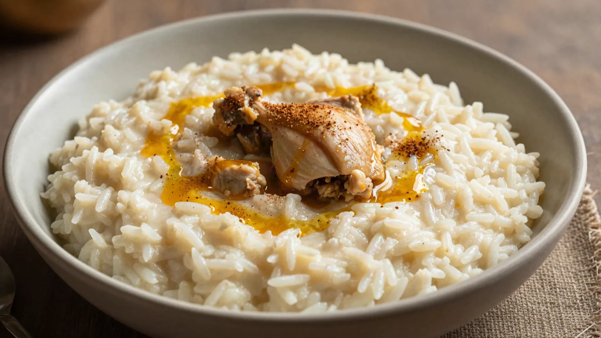 A bowl of thick beaten rice and chicken porridge