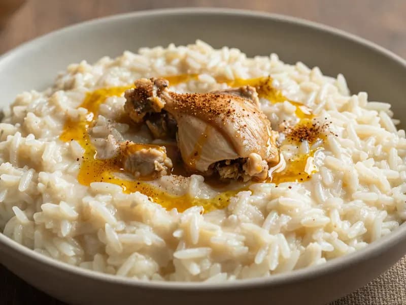 A bowl of thick beaten rice and chicken porridge