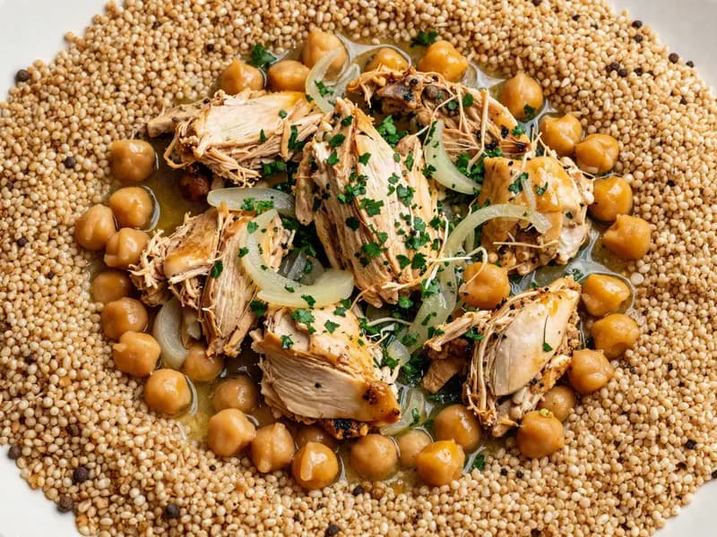 A platter of maftoul topped with chicken, chickpeas and parsley