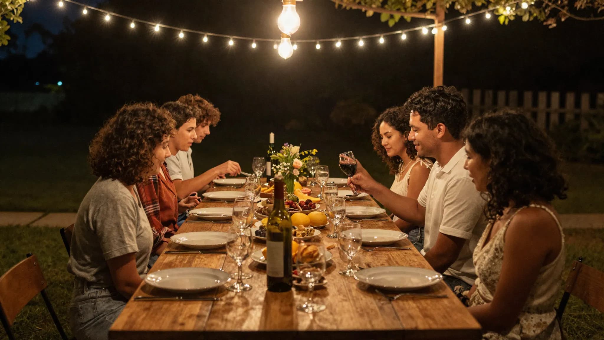 A long outdoor table set for a shared meal under string lights
