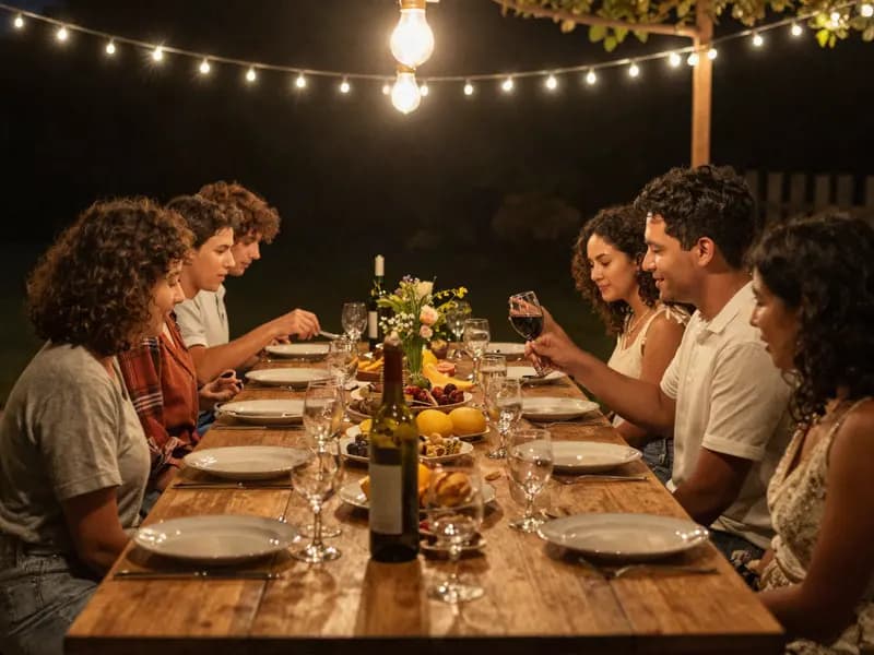 A long outdoor table set for a shared meal under string lights