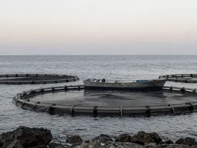 Circular aquaculture net pens on open water at first light off a rocky Mediterranean coast