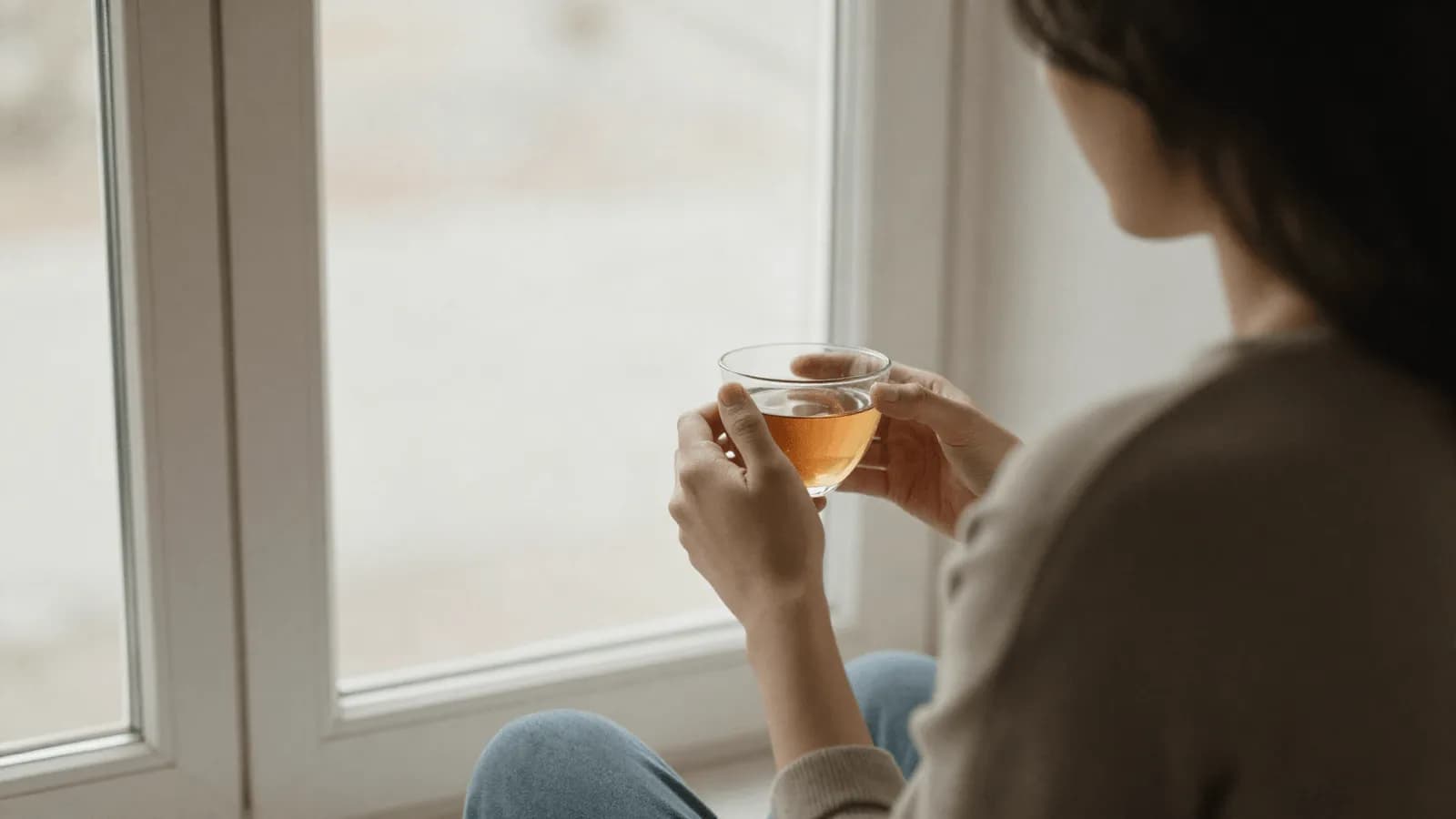 A person sitting quietly by a window in early morning light with a cup of tea