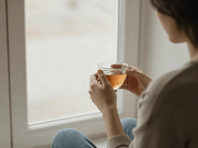 A person sitting quietly by a window in early morning light with a cup of tea