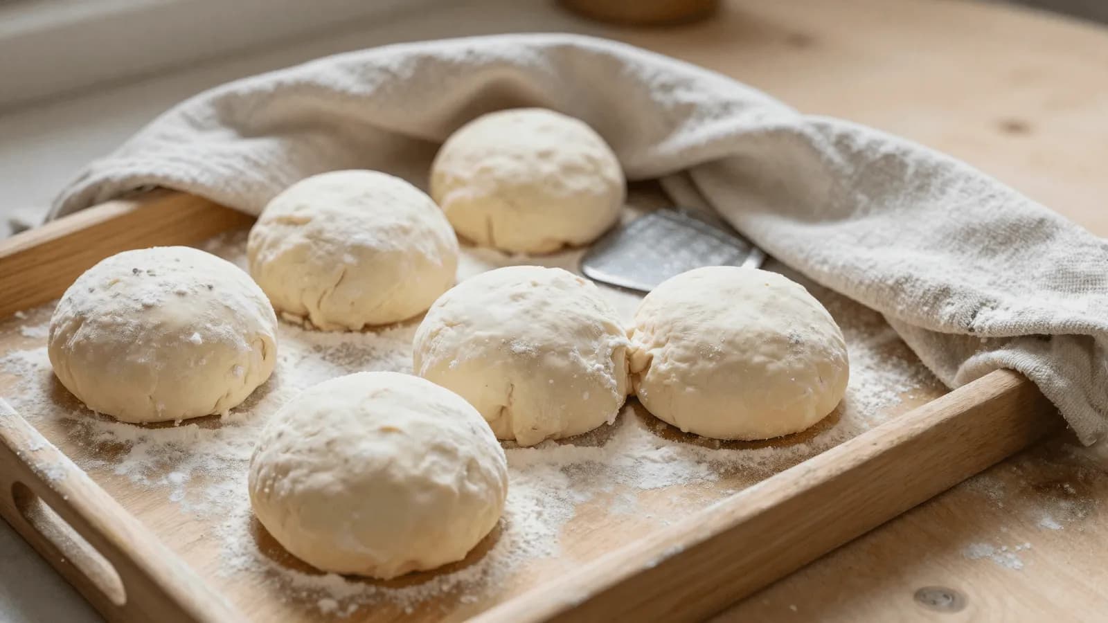 Six balls of soft flatbread dough resting under a cloth on a lightly floured tray