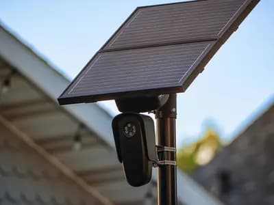 A Flock Safety automatic licence plate recognition camera with a solar panel mounted on a pole along 5th Avenue in Kearney, Nebraska, photographed on 29 April 2025, a file photograph of the camera type and not of any location on MapQuest's map