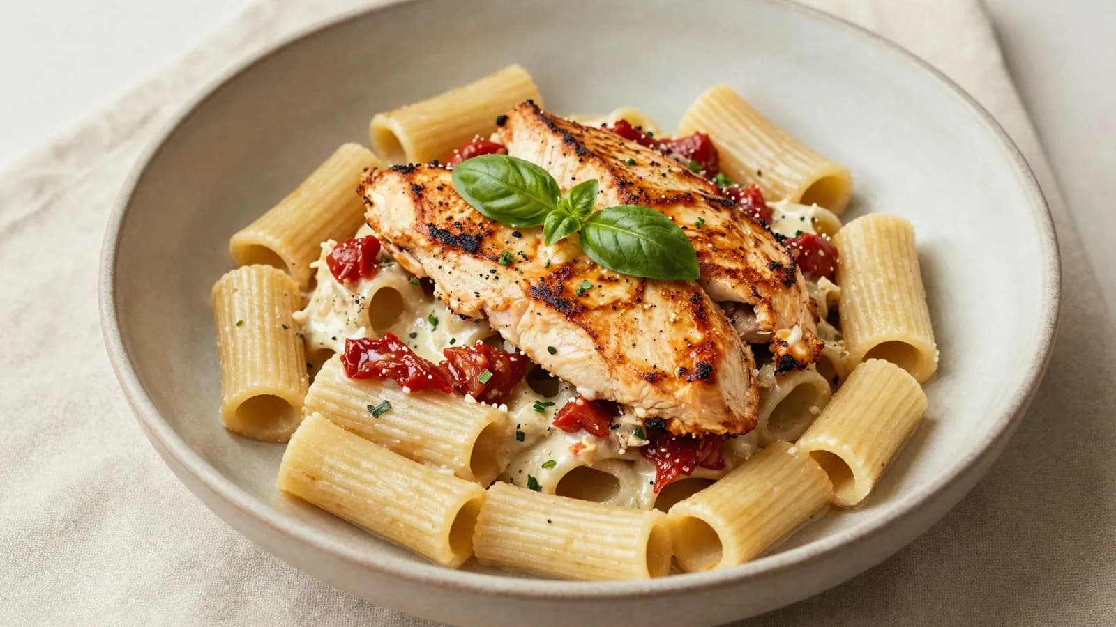 Editorial illustration of marry me chicken pasta: sliced seared chicken over rigatoni in a creamy sun-dried tomato sauce with basil, in a ceramic bowl.
