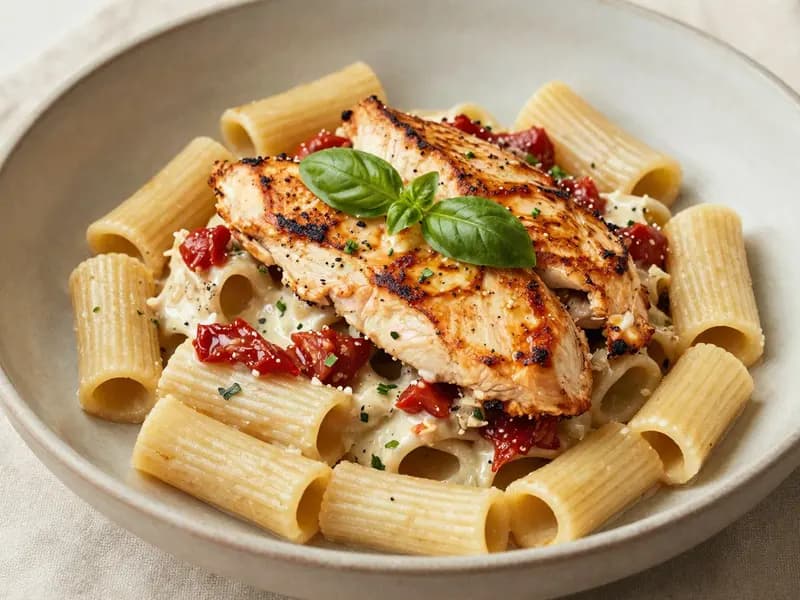 Editorial illustration of marry me chicken pasta: sliced seared chicken over rigatoni in a creamy sun-dried tomato sauce with basil, in a ceramic bowl.