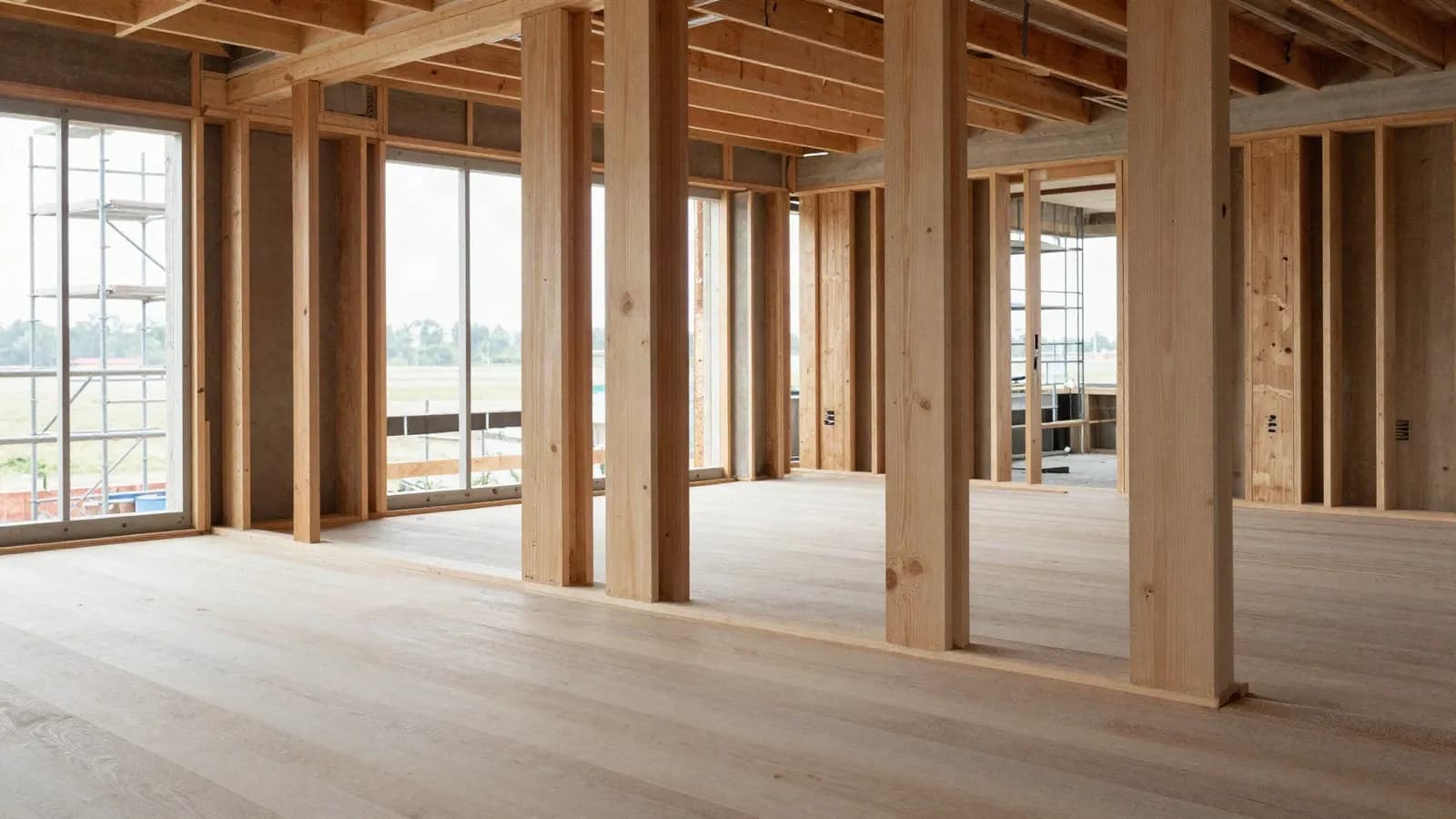 Exposed cross laminated timber columns and floor slabs in a building under construction