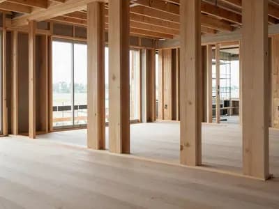 Exposed cross laminated timber columns and floor slabs in a building under construction
