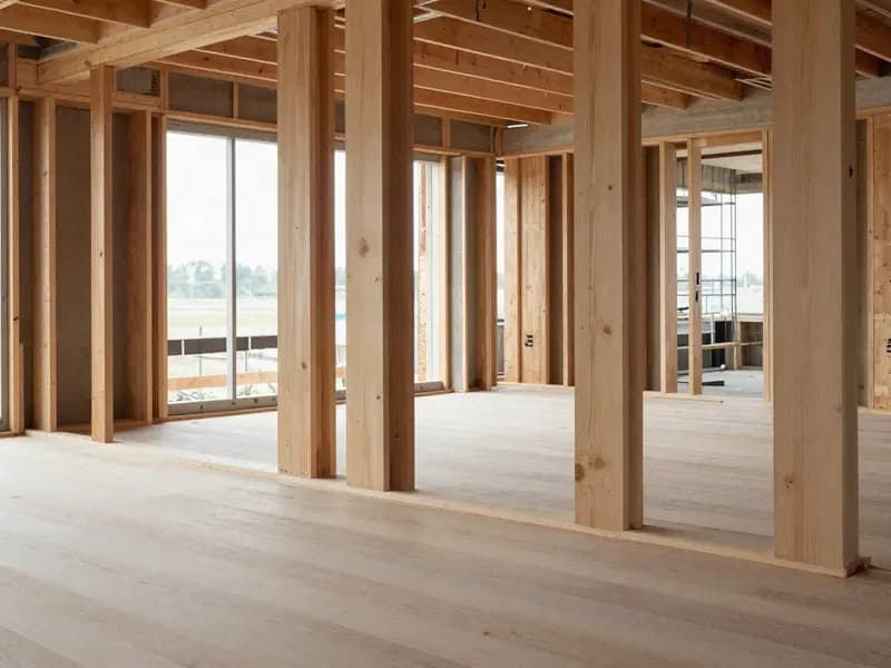 Exposed cross laminated timber columns and floor slabs in a building under construction