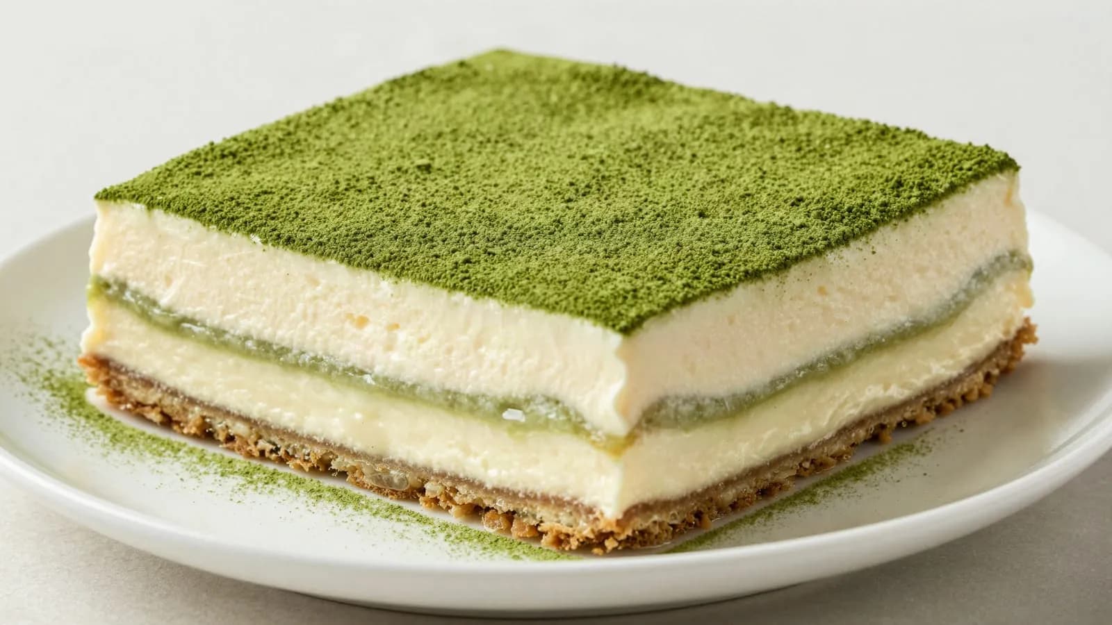 An AI-generated illustration of a sliced matcha yogurt tiramisu dusted with green matcha powder in a square dish
