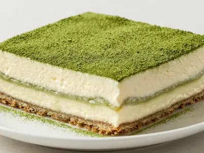 An AI-generated illustration of a sliced matcha yogurt tiramisu dusted with green matcha powder in a square dish