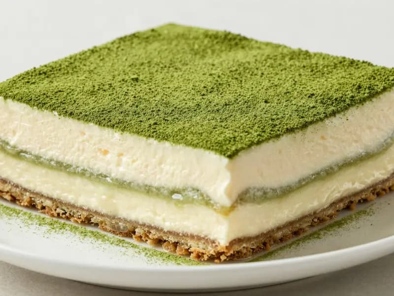 An AI-generated illustration of a sliced matcha yogurt tiramisu dusted with green matcha powder in a square dish