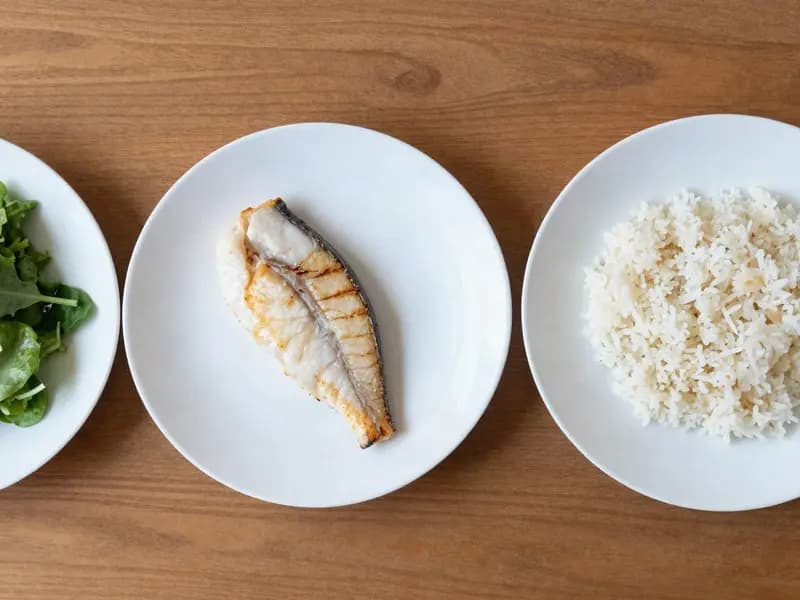 Three plates in sequence: salad, then grilled fish, then rice