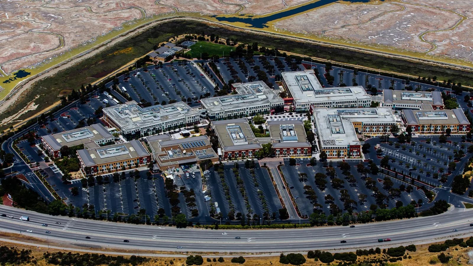 An aerial view of the Facebook campus at Menlo Park in California, the headquarters of Meta
