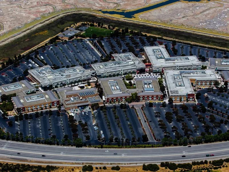 An aerial view of the Facebook campus at Menlo Park in California, the headquarters of Meta