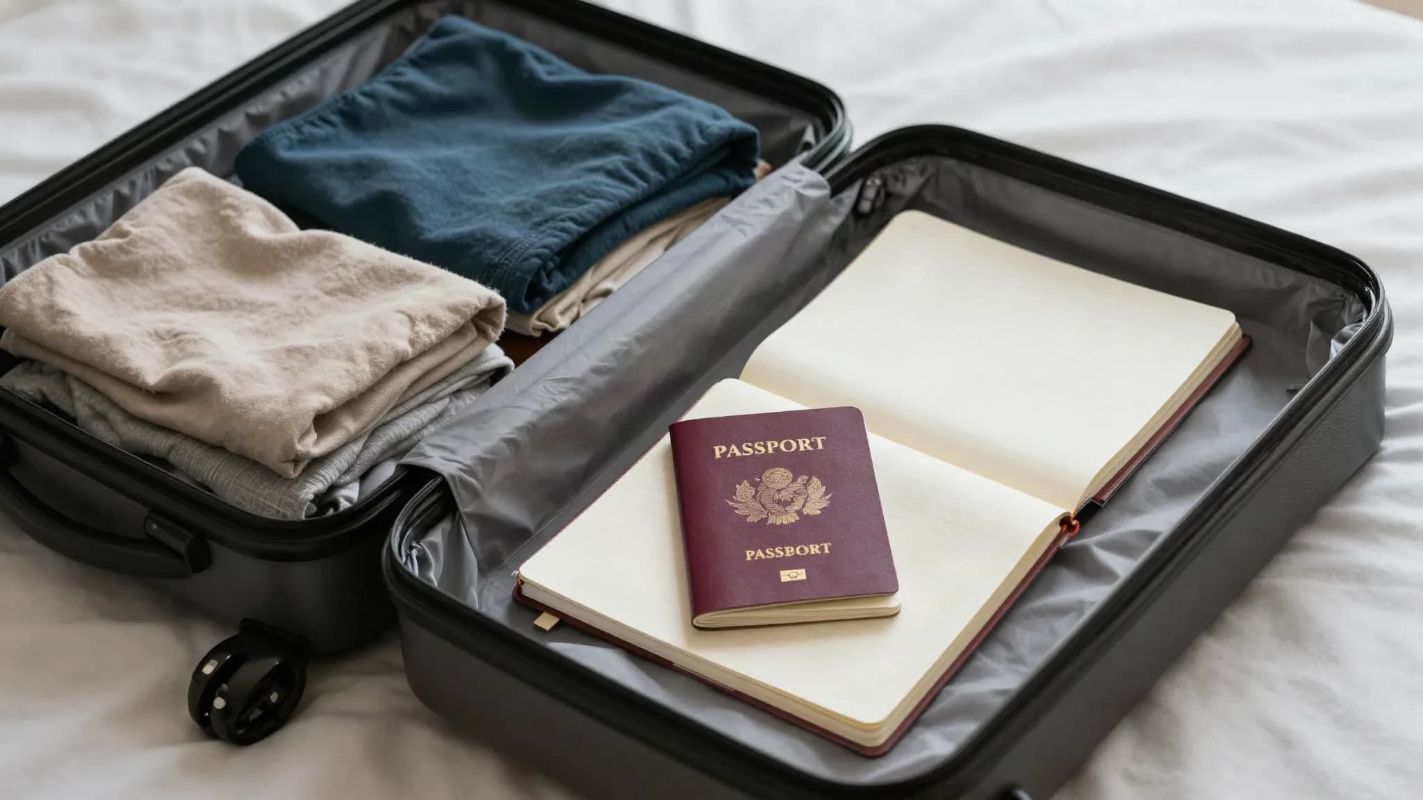An open packed suitcase with a passport on a bed