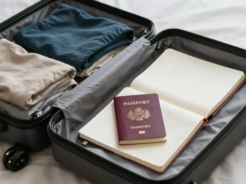 An open packed suitcase with a passport on a bed