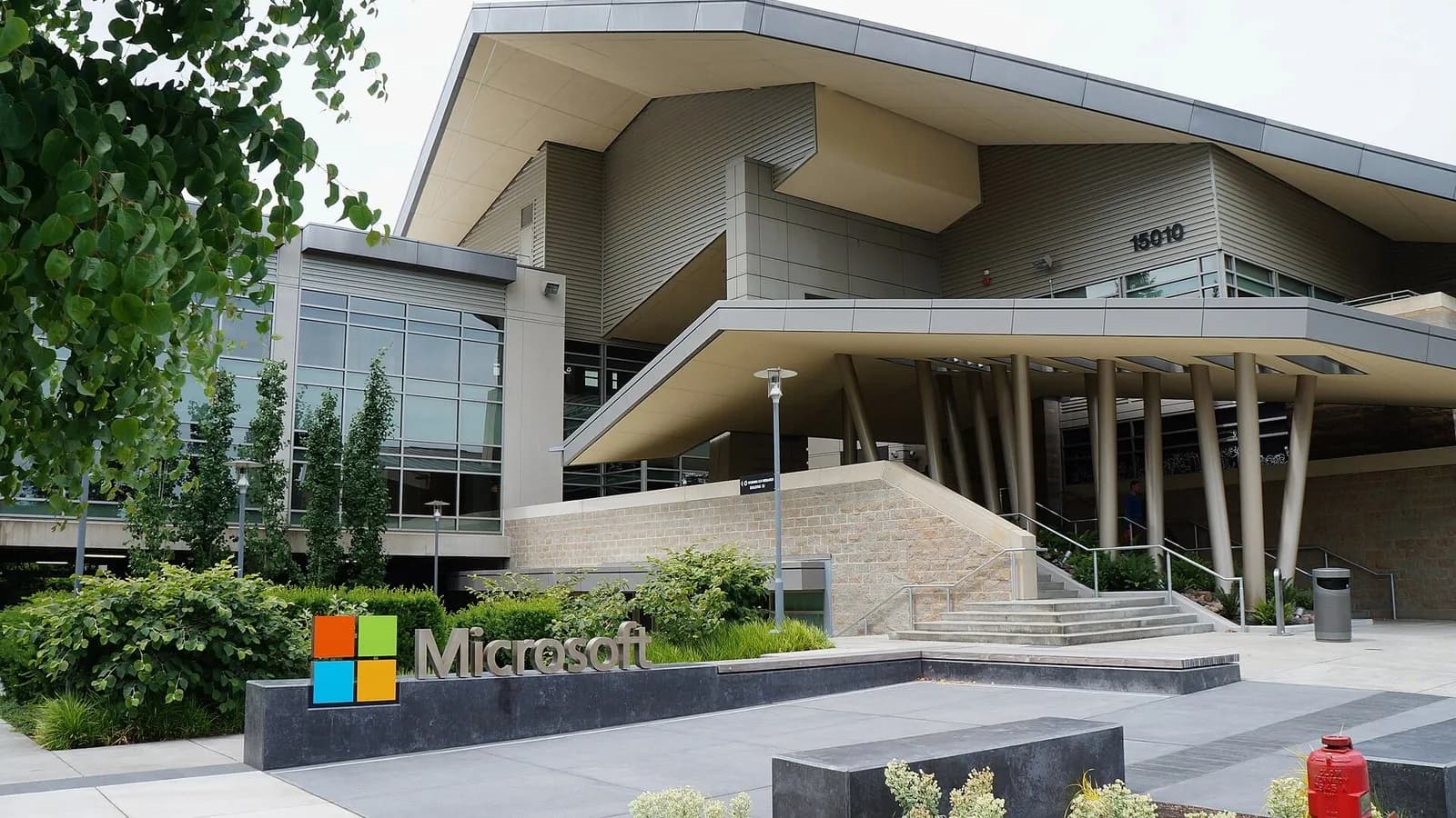 Building 92 of the Microsoft Redmond campus in Washington state with the Microsoft sign and logo in front of a terraced entrance, photographed on 18 June 2015, a file photograph of the campus and not of Wednesday's results
