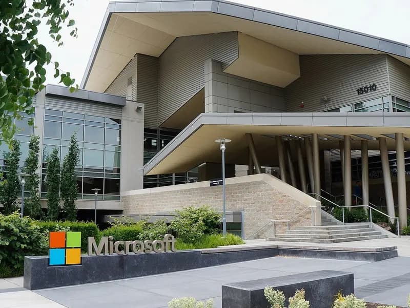 Building 92 of the Microsoft Redmond campus in Washington state with the Microsoft sign and logo in front of a terraced entrance, photographed on 18 June 2015, a file photograph of the campus and not of Wednesday's results