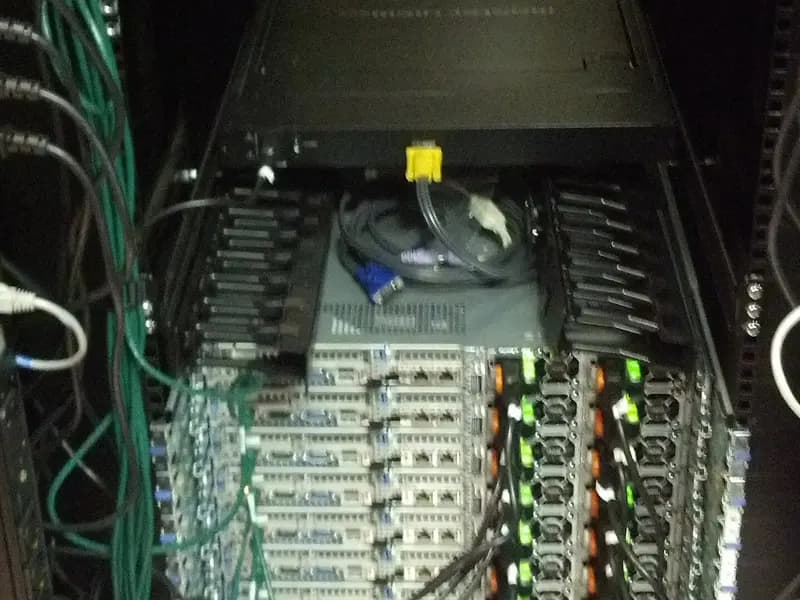 Racks of servers inside the Wikimedia Foundation data centre in San Francisco, photographed in June 2013, a file photograph illustrative of data centre hardware and not of Maia 300 or Microsoft's facilities