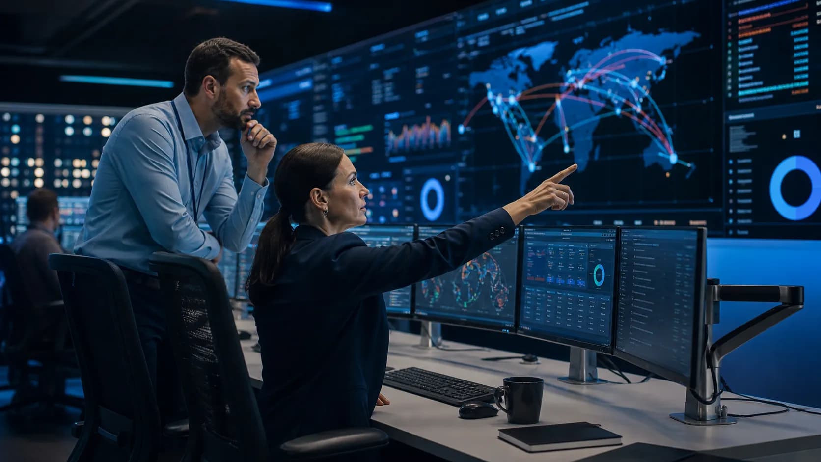 Security analysts working inside a modern cyber operations center