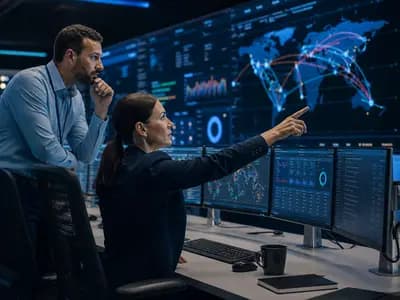 Security analysts working inside a modern cyber operations center