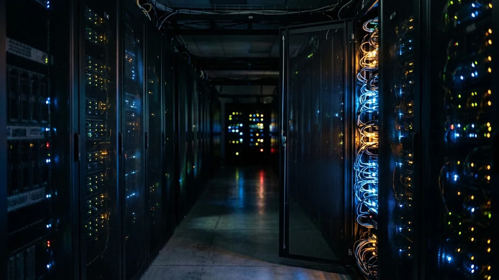 A darkened server room with network equipment
