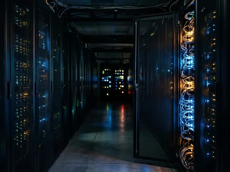 A darkened server room with network equipment