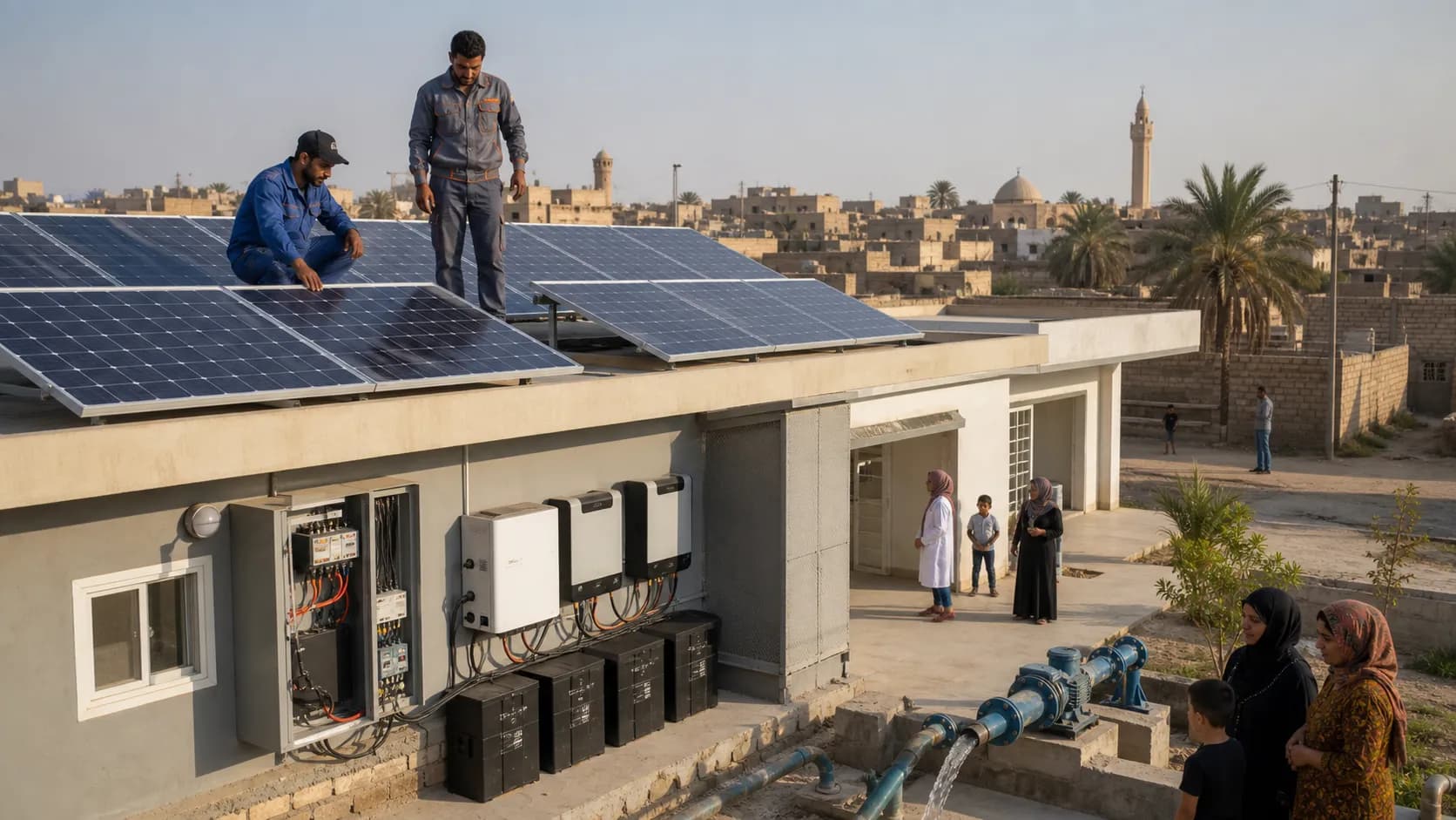 Solar panels supplying dependable electricity to essential community services in the Middle East