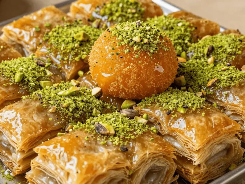 A tray of Middle Eastern sweets glossy with syrup and topped with crushed pistachios
