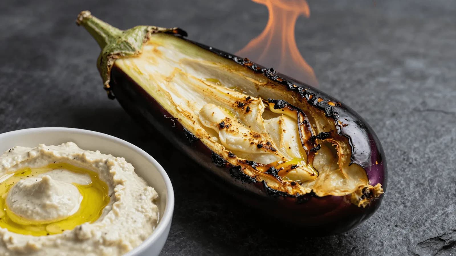A whole aubergine blackening over a flame beside a bowl of smoky aubergine dip