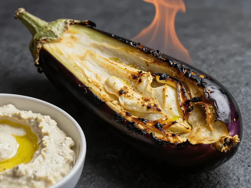 A whole aubergine blackening over a flame beside a bowl of smoky aubergine dip