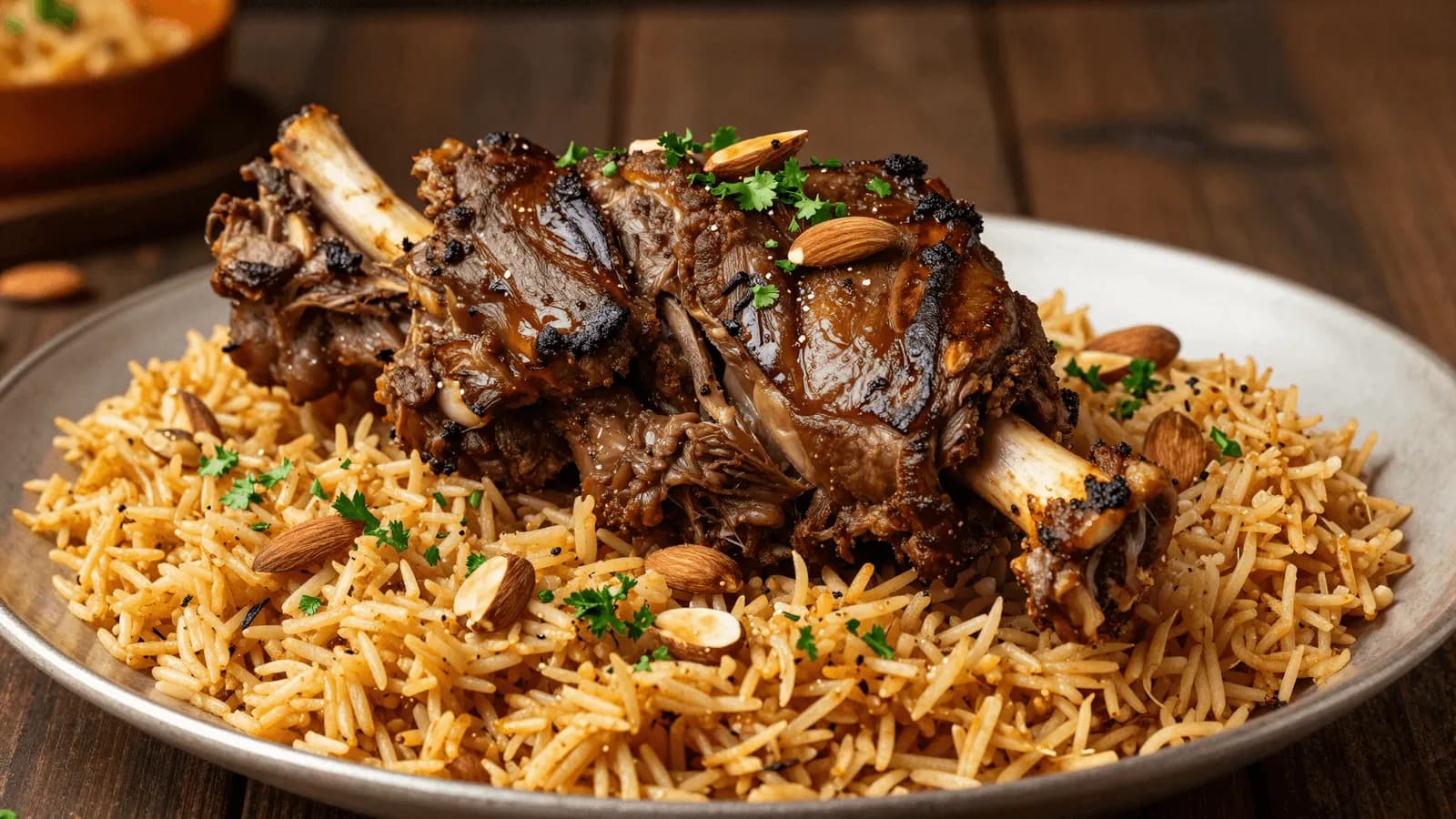 Slow-cooked lamb shoulder resting on a platter of spiced rice