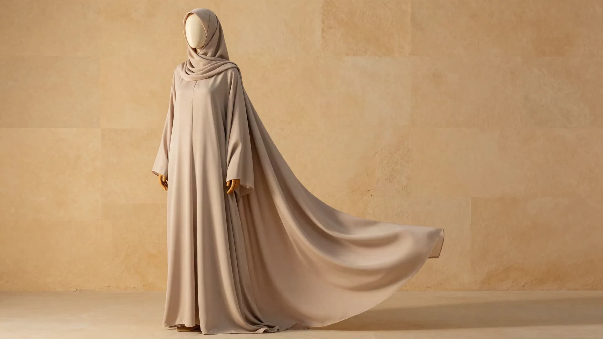 A flowing abaya on a dress form against a sandstone wall