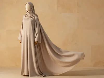 A flowing abaya on a dress form against a sandstone wall