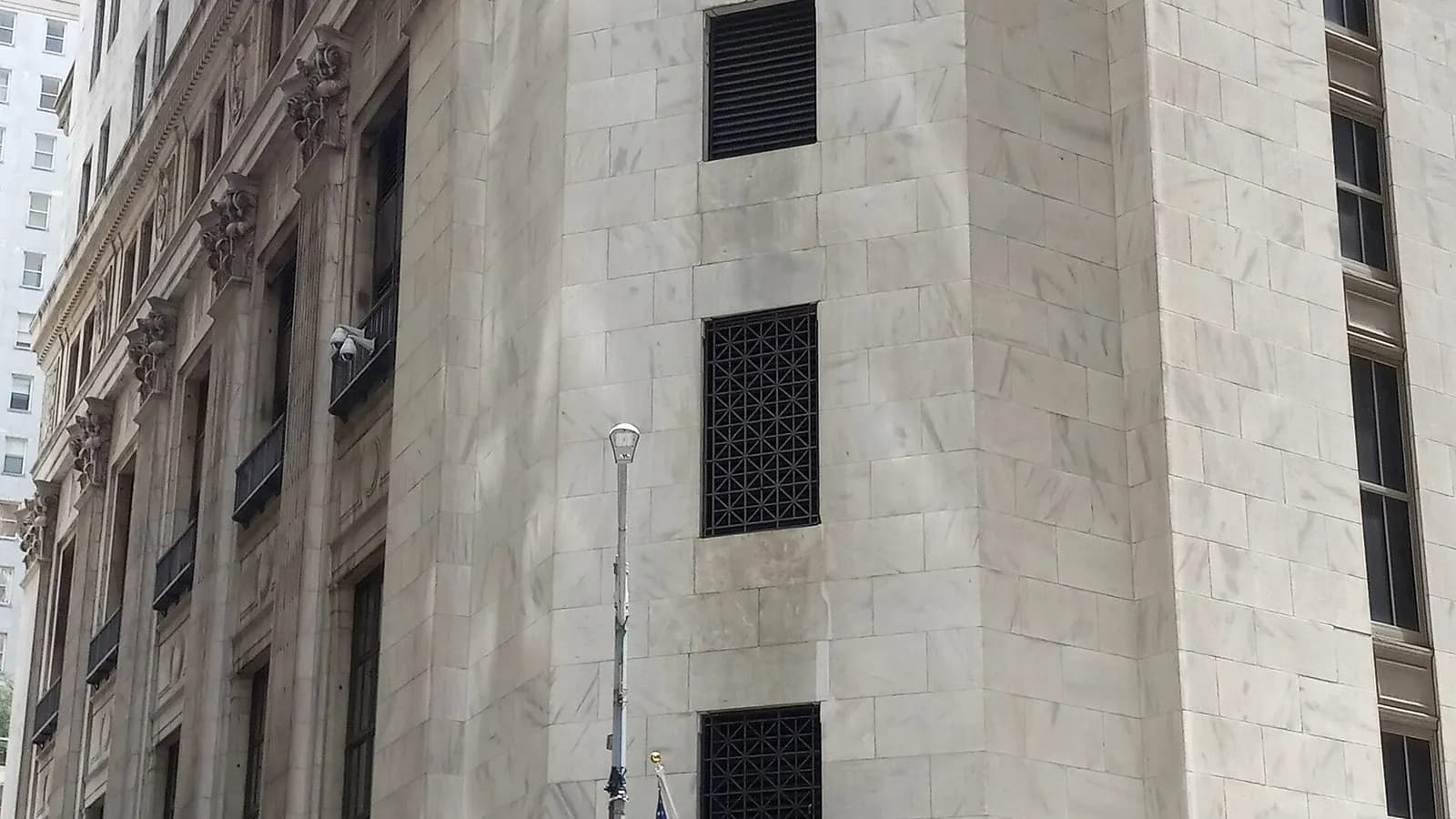 The columned facade of the New York Stock Exchange on Wall Street in New York, photographed on 29 June 2024, a file photograph and not from Friday's trading