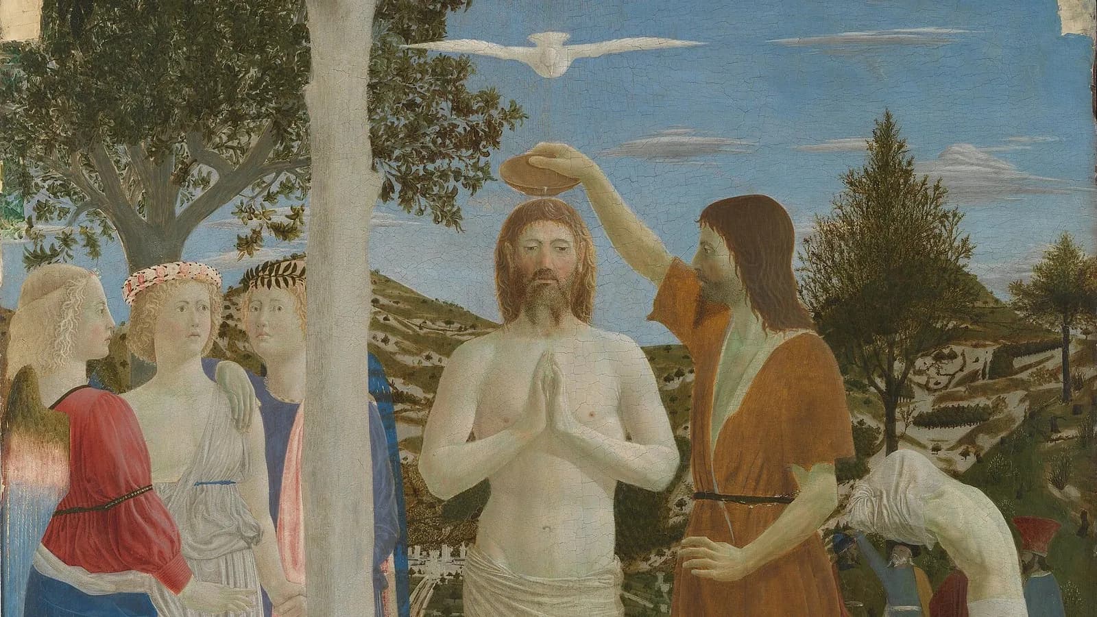 Piero della Francesca's Baptism of Christ, showing Christ with hands pressed together being baptised by John the Baptist beside a tree with a dove above, a reproduction of the painting in the National Gallery, London, dated after 1451 and one of the gallery's own Piero works named in the story