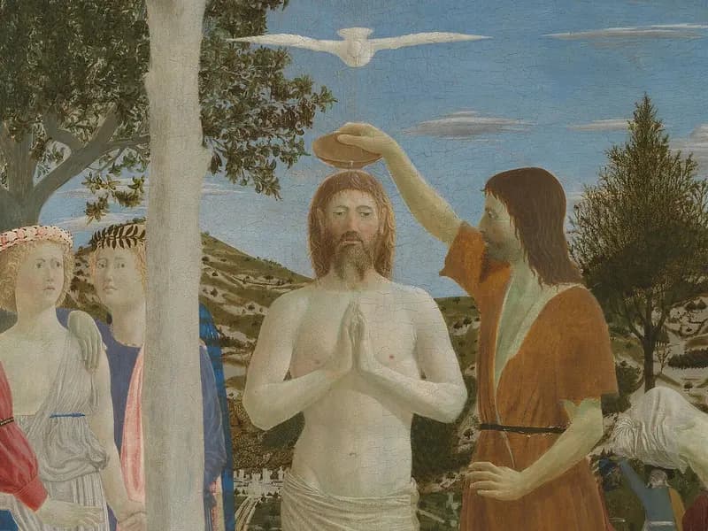 Piero della Francesca's Baptism of Christ, showing Christ with hands pressed together being baptised by John the Baptist beside a tree with a dove above, a reproduction of the painting in the National Gallery, London, dated after 1451 and one of the gallery's own Piero works named in the story