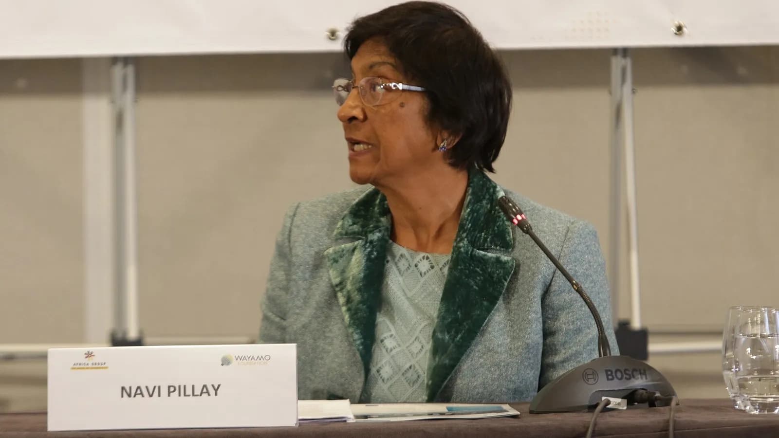 Navi Pillay speaking at a conference table in South Africa, photographed in August 2018, a file photograph and not from the Nobel announcement