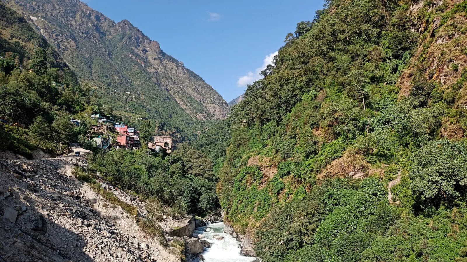The Bhote Koshi river running through a steep forested gorge near the China border at Tatopani in Nepal
