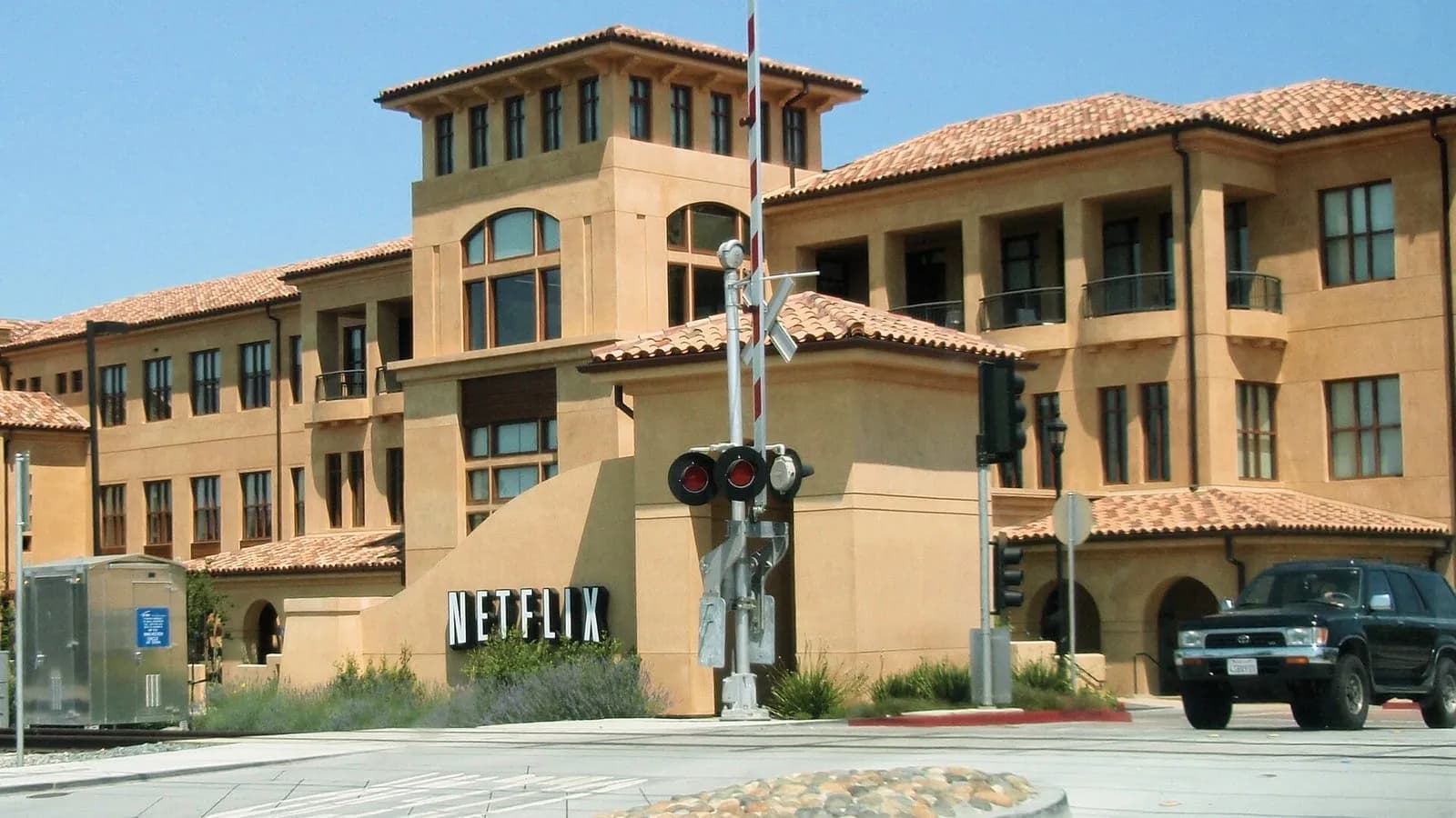 The Netflix headquarters building in Los Gatos, California, with the company's name on its entrance wall, photographed on 6 July 2008, a file photograph of the building and not from this week's results