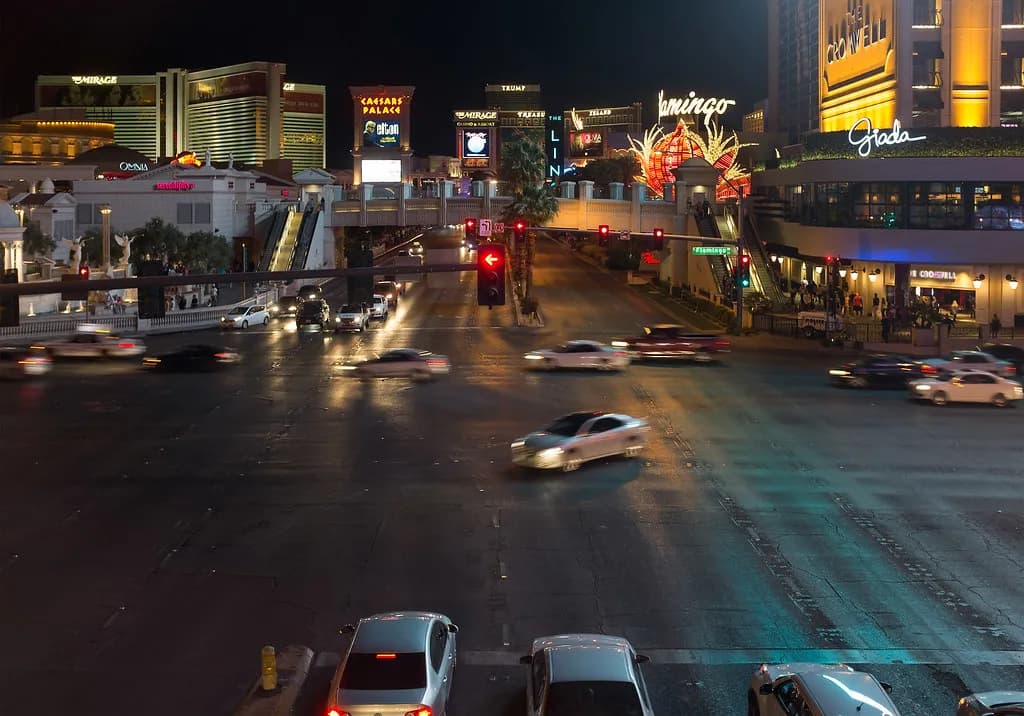 Traffic moving along the Las Vegas Strip at night